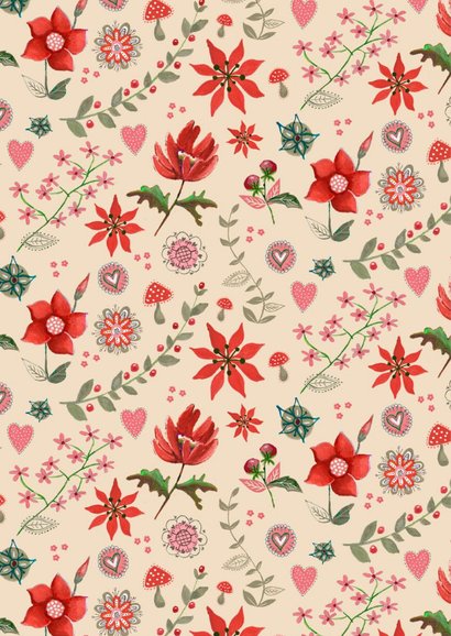Kerstkaart botanisch beige stippen met bloemen 2