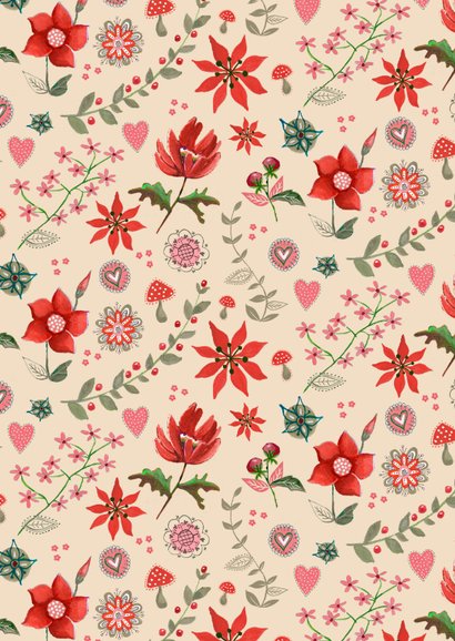 Kerstkaart botanisch beige stippen met bloemen Achterkant