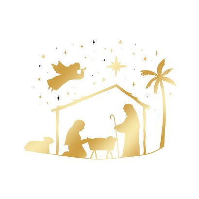 Kerstkaart christelijk kerststal jozef maria engel goud 2