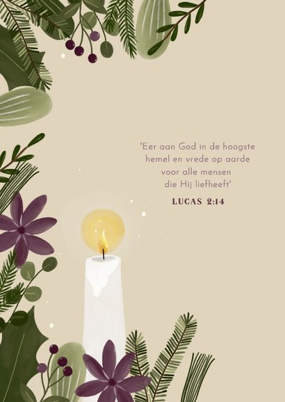 Kerstkaart christelijk vrede botanisch duif en kaars jaartal 2