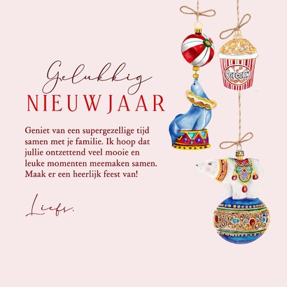 Kerstkaart circusornamenten aan touwtjes 3