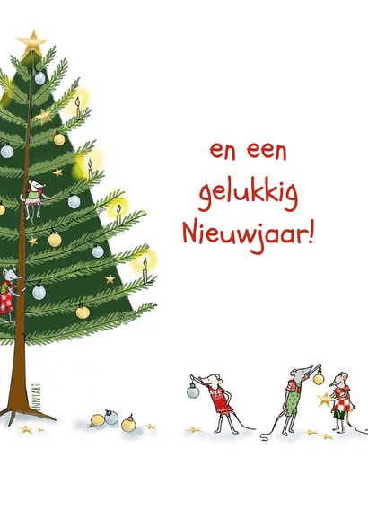 Kerstkaart de muisjes versieren de kerstboom 2