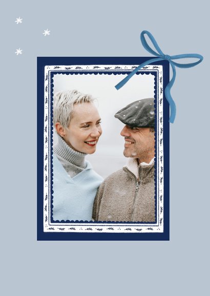 Kerstkaart Delfts blauw foto kader en strik 2