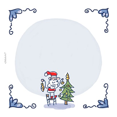 Kerstkaart Delfts blauw tegeltje met kerstmannen op bakfiets 2