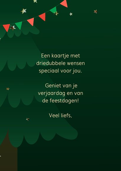 Kerstkaart dennenboom met kerstkado's en gouden sierletters 2