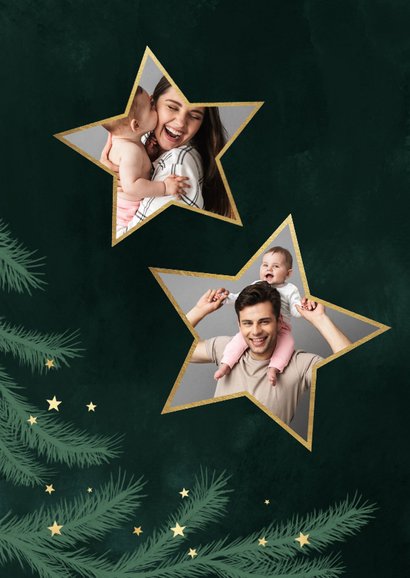 Kerstkaart dennentakjes groen foto sterren goud 2