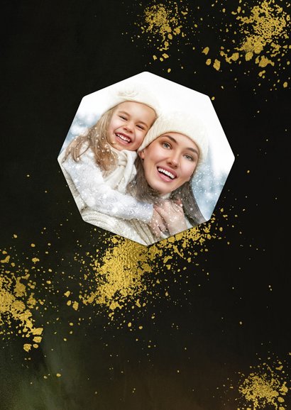 Kerstkaart diamantvorm goud en goudspetters met eigen foto 2