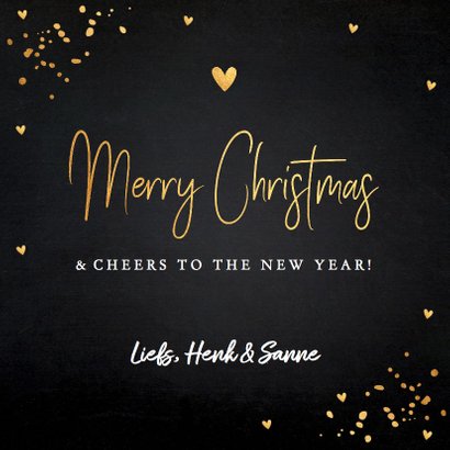Kerstkaart donker goud typografie confetti 3