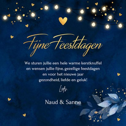 Kerstkaart donkerblauw botanisch bladeren lampjes goudlook 3