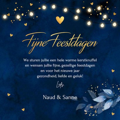 Kerstkaart donkerblauw botanisch bladeren lampjes goudlook 3