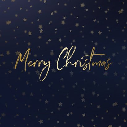 Kerstkaart donkerblauw goudlook met sterren en foto's 2