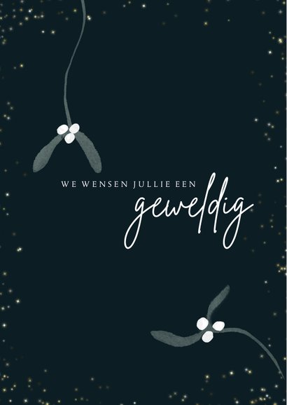 Kerstkaart donkerblauw wit met takjes Mistletoe sterretjes 2