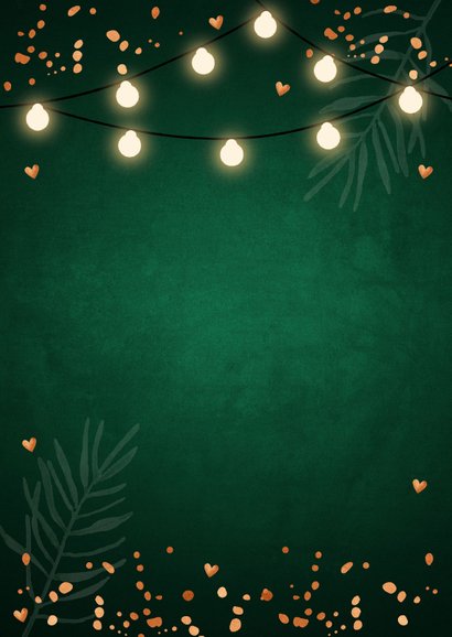 Kerstkaart donkergroen foto confetti koperlook lampjes 2