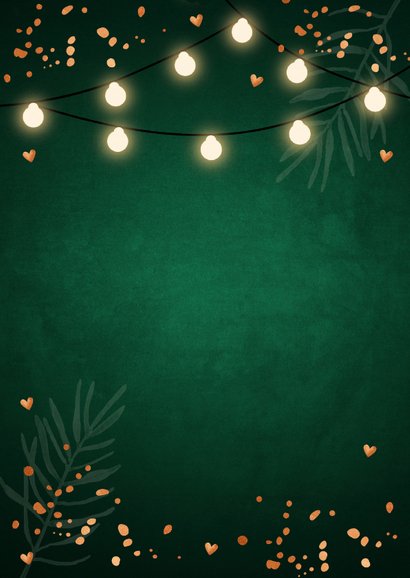 Kerstkaart donkergroen foto confetti koperlook lampjes Achterkant