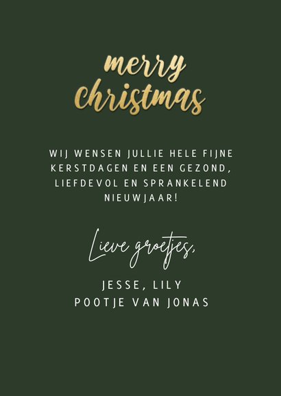 Kerstkaart drie gouden kerstballen met foto's en typografie 3