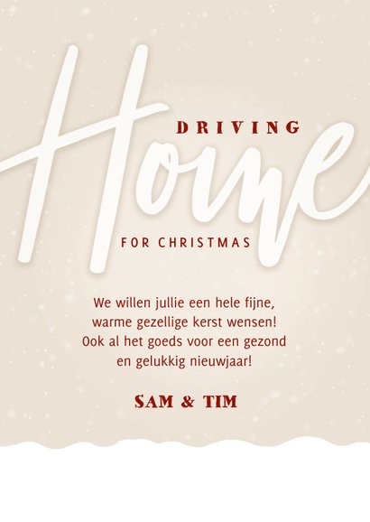 Kerstkaart driving home for Christmas met auto en kerstboom 3