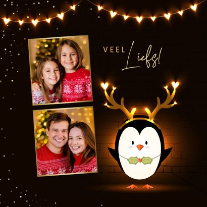 Kerstkaart eigen foto knuffel lichtgevende hartjes pinguïn 2