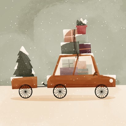Kerstkaart fijne feestdagen auto met dozen en kerstboom 2