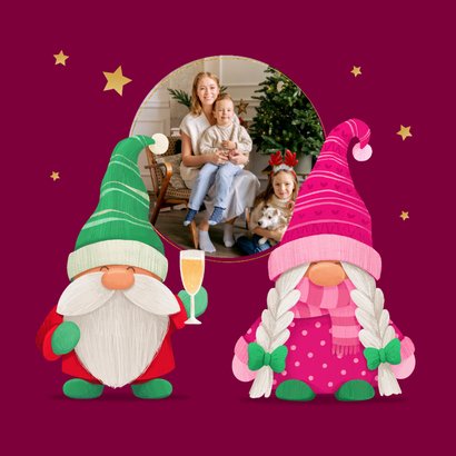 Kerstkaart fijne kerst vrouwelijke kabouter goud 2026 2