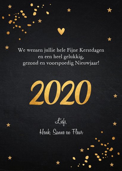 Kerstkaart fotocollage donker goud confetti 3