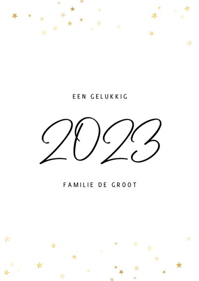 Kerstkaart fotocollage handgeschreven 2023 en gouden sterren 3