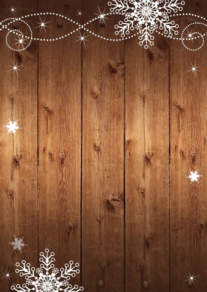 Kerstkaart fotocollage hout sneeuwvlokken Achterkant