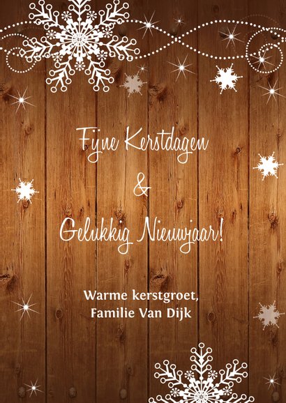 Kerstkaart fotocollage houtprint sneeuwvlokken 3