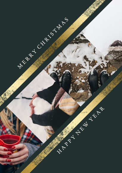 Kerstkaart fotocollage schuin met gouden rand 2