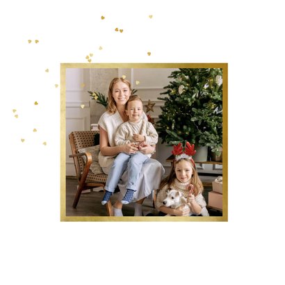 Kerstkaart fotokaart kerstknuffel hartjesconfetti goud 2