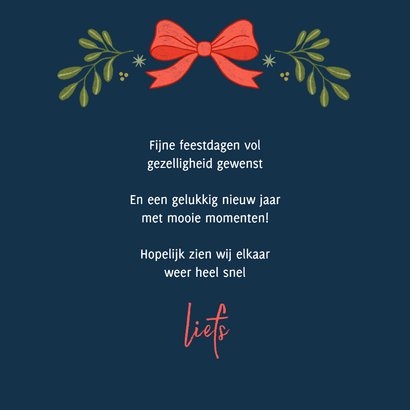 Kerstkaart fotokaart strik vintage bloemen donkerblauw geel 3