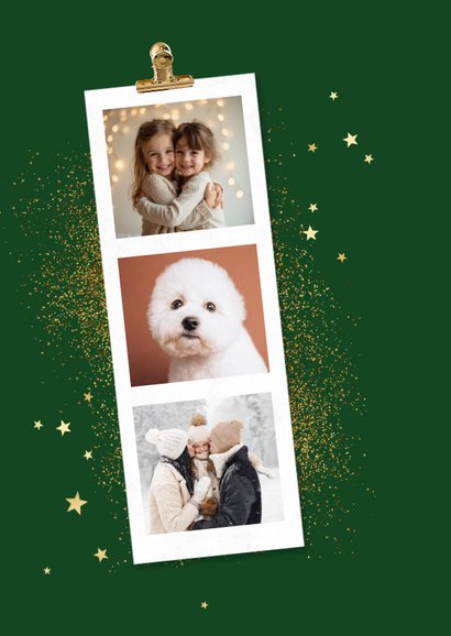 Kerstkaart fotostrips merry christmas goud sterren 2