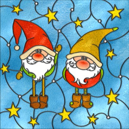 Kerstkaart glas-in-lood kabouters 2