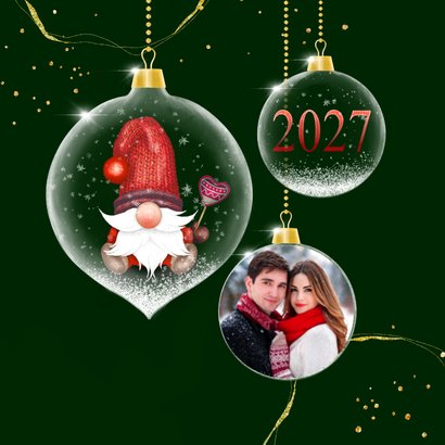 Kerstkaart glazen kerstbal met kabouter 2027 2