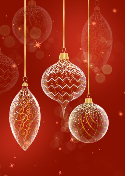 Kerstkaart glazen kerstballen met motief wit en goud 2