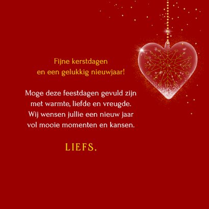 Kerstkaart glazen kerstballen op rood met foto en jaartal 3
