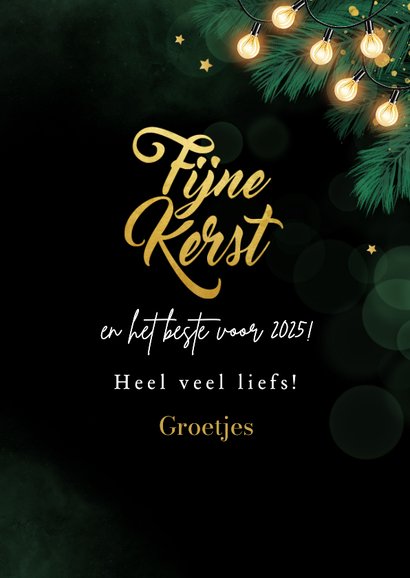 Kerstkaart goud dennentakken groen fijne kerst lampjes 3