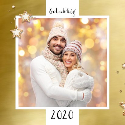 Kerstkaart goud kader en sterren bij eigen foto 2