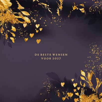 Kerstkaart goud paarse dennentakken 2
