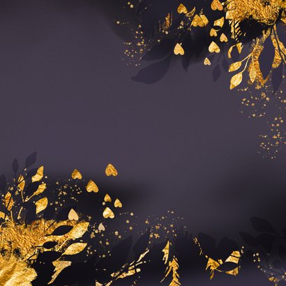 Kerstkaart goud paarse dennentakken Achterkant