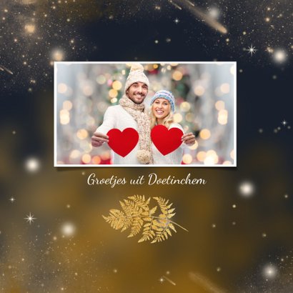 Kerstkaart gouden blad en sterren 2