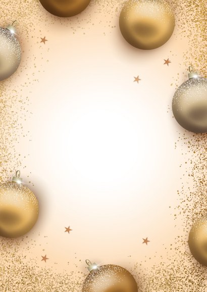 Kerstkaart gouden kerstballen en glitter Achterkant