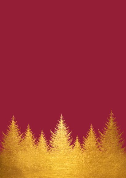 Kerstkaart gouden kerstbomen en foto Achterkant