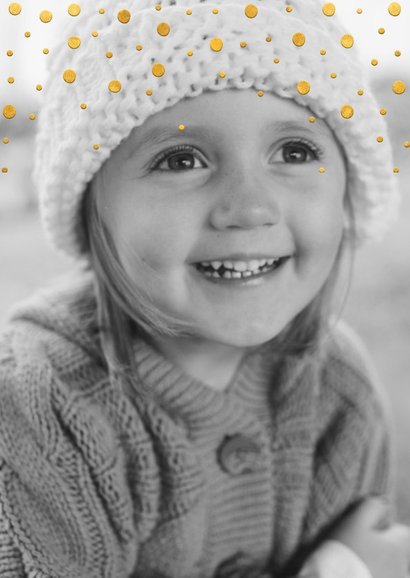 Kerstkaart gouden kerstwens en confetti met grote foto 2