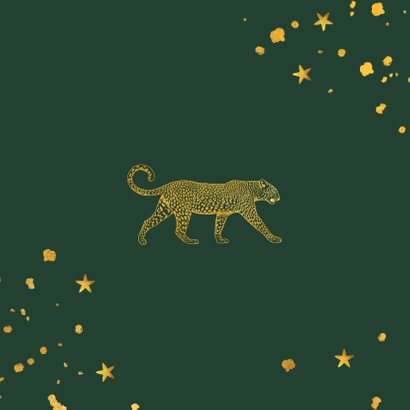 Kerstkaart gouden luipaard met spetters en sterren Achterkant