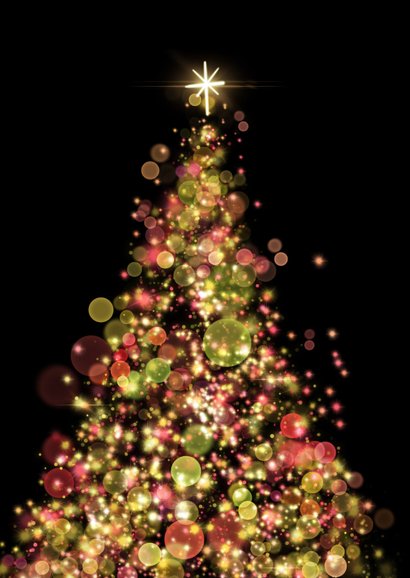 Kerstkaart gouden sprankelende kerstboom kerstballen lampjes 2