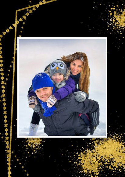 Kerstkaart goudkaders op zwart en eigen foto 2