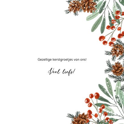 Kerstkaart goudkleurige strik botanische takken dennenappel 3