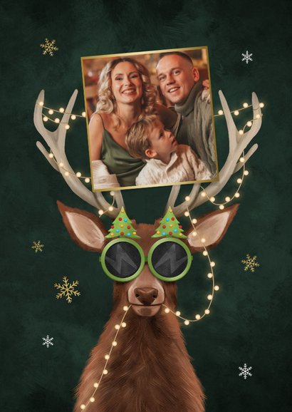 Kerstkaart grappig rendier lampjes oh deer sneeuw 2