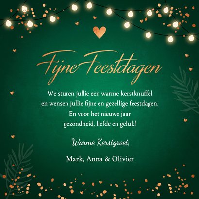 Kerstkaart groen foto lampjes confetti koperlook hartjes 3