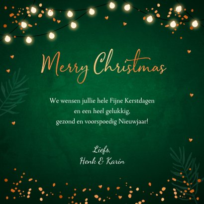 Kerstkaart groen foto lampjes confetti koperlook 3